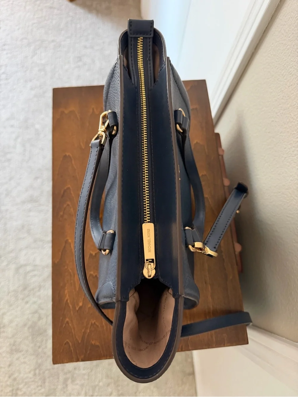 Michael Kors Navy Pebbled Leather Satchel with Gold Hardware
